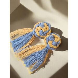Macrame Pinwheel Fringe Tassel Statement Earrings Multi Color Mustard and Cobalt